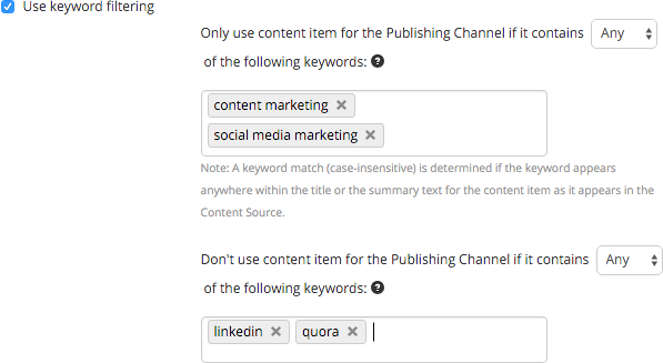 Use keyword filtering controls to determine exactly what content from your Content Source is used by the Publishing Channel