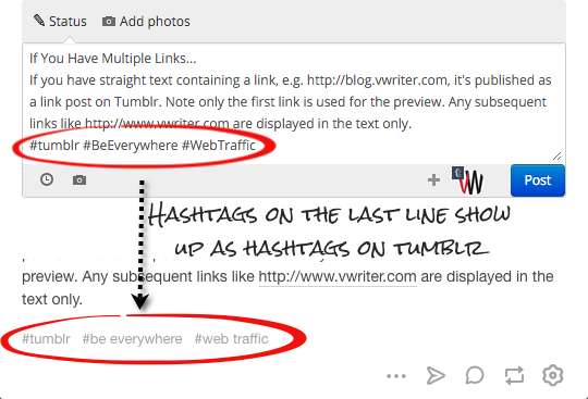 Hashtags on the last line show up as hashtags in your Tumblr post