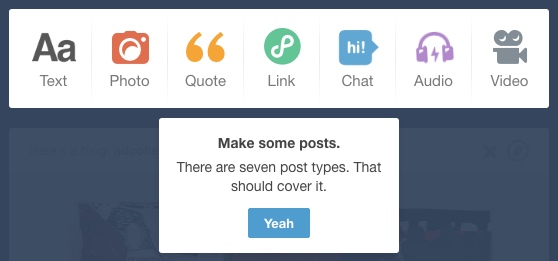 There are seven post types on Tumblr: text, photo, quote, link, chat, audio and video