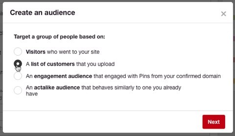 Pinterest options for creating an audience